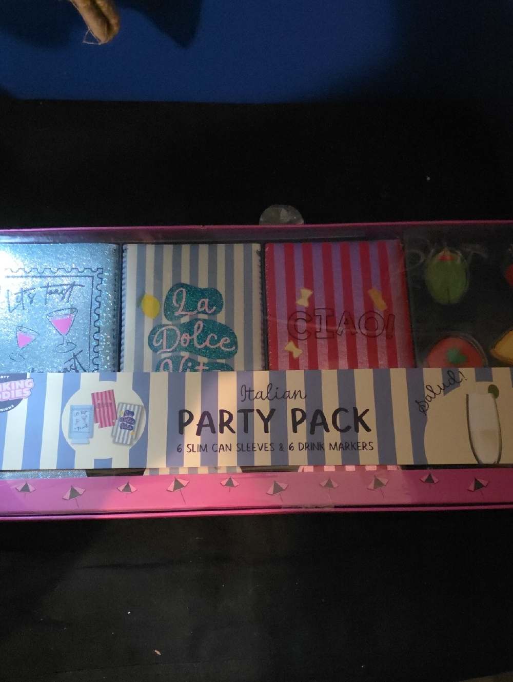 Italian Party Pack Slim Can Sleeves & Drink Markers - Pink, Blue, Red